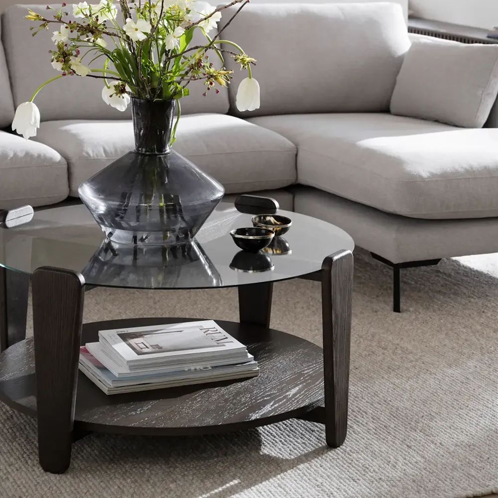 Arran salongbord Ø93 brun eik/glass