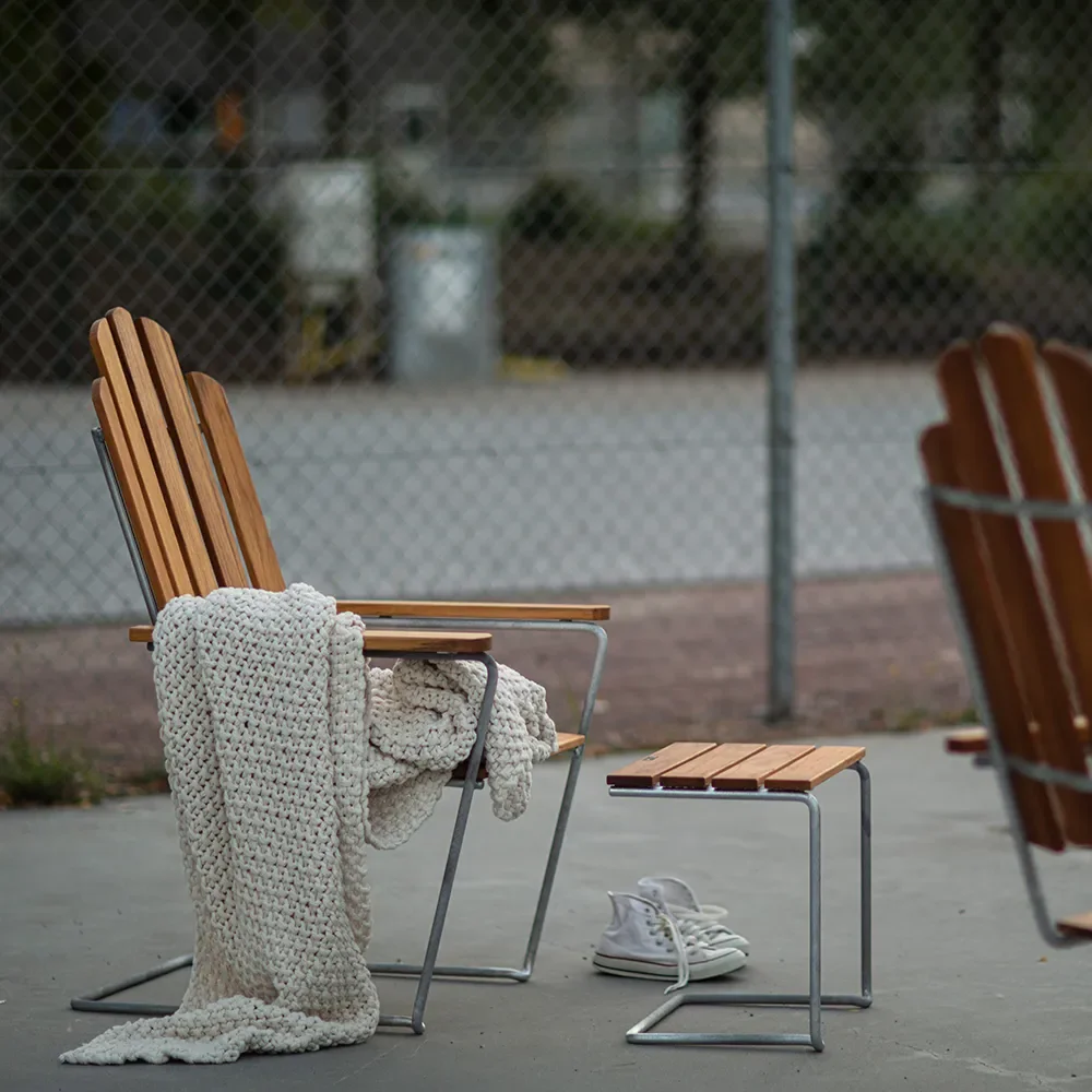 A3 solstol ubehandlet teak/varmforsinket stativ Grythyttan Stålmöbler