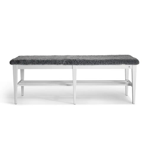 Nadja Bench 130 cm Hvitlakkert bjørk/saueskinn Lys grå